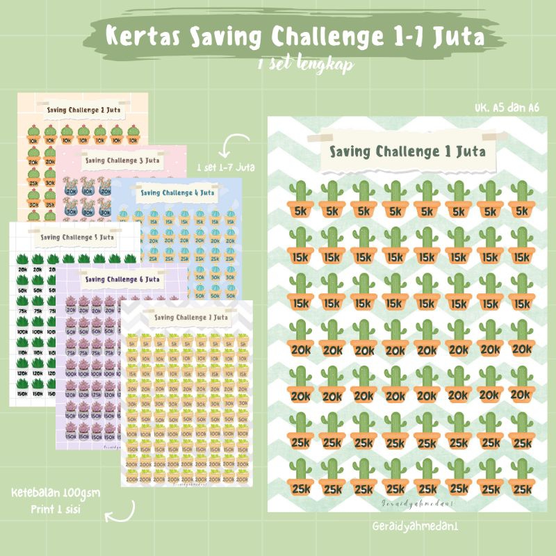 

Kertas Saving Challenge 1-7 Juta 1 Set Lengkap Ukuran A5 A6
