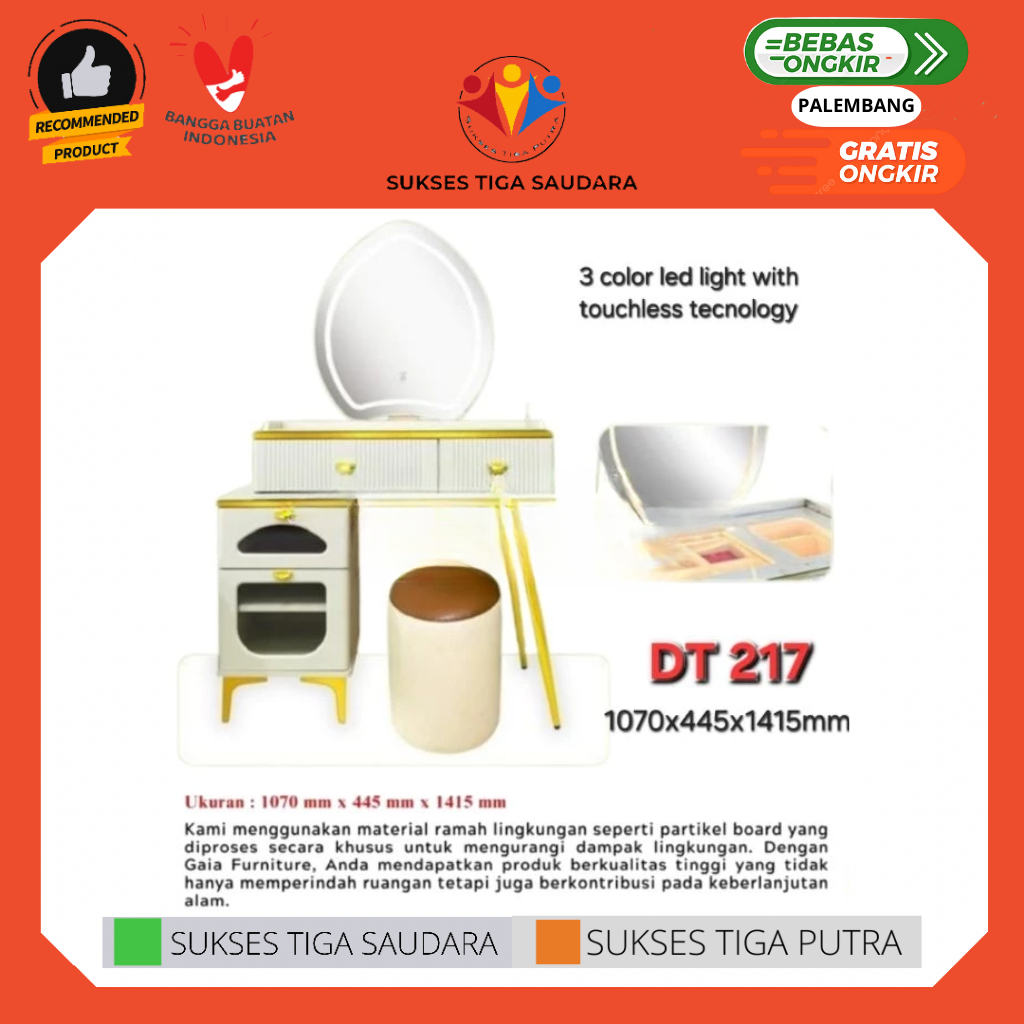 MEJA RIAS GAIA DT 217 DRESSING TABLE VANITY MIRROR LED LIGHT LAMPU LED 3 WARNA TOUCHSCREEN