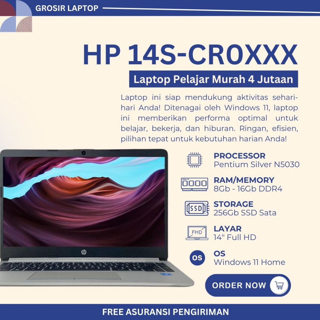 Laptop HP 14s-CR0XXX Intel Pentium N5030 Ram 16Gb SSD 256GB 14" FHD Windows 11 Ori - Laptop HP 14S M