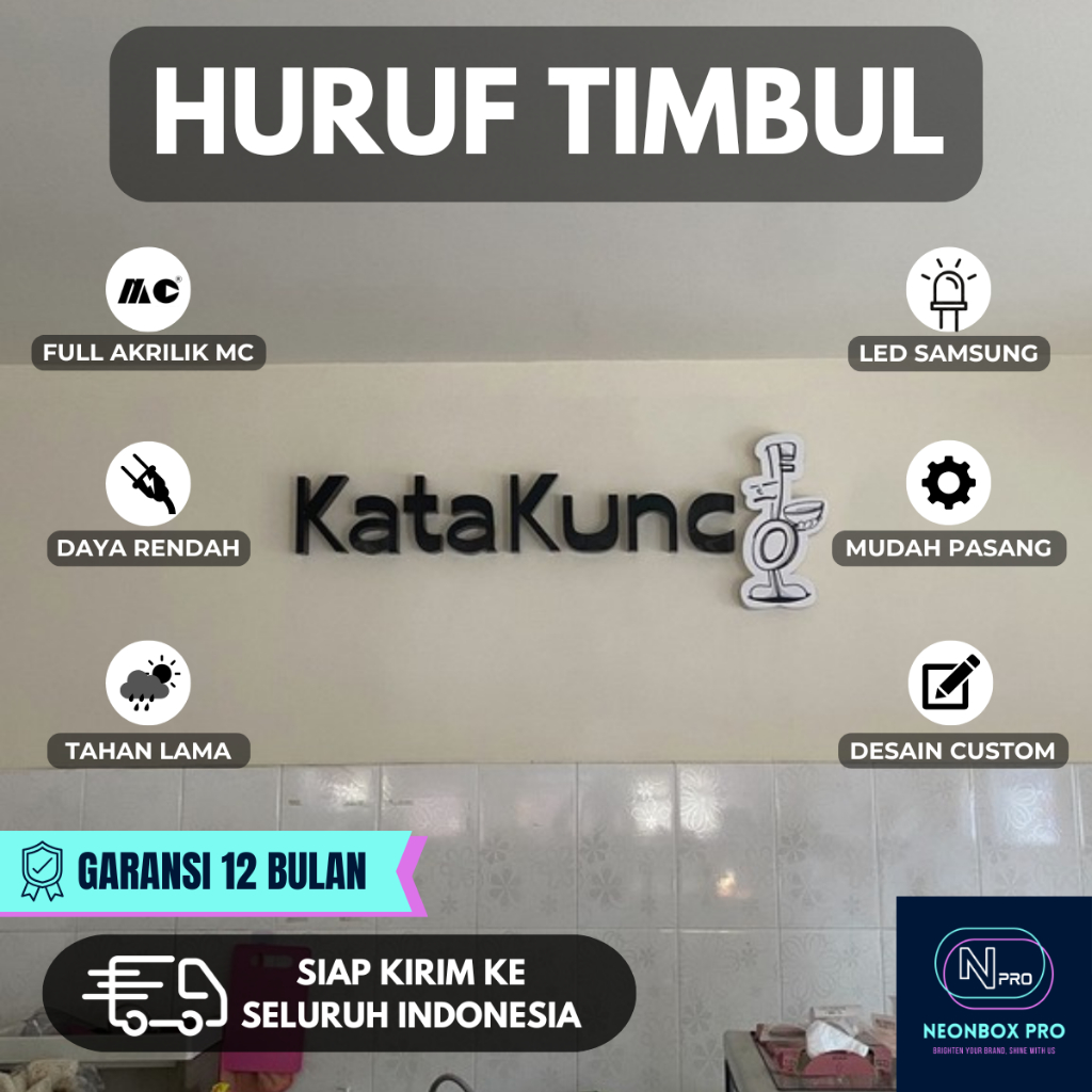 HURUF TIMBUL CUSTOM LED PREMIUM  Huruf Timbul Bahan Akrilik Plat Besi Stainless Dengan LED Tahan Lam
