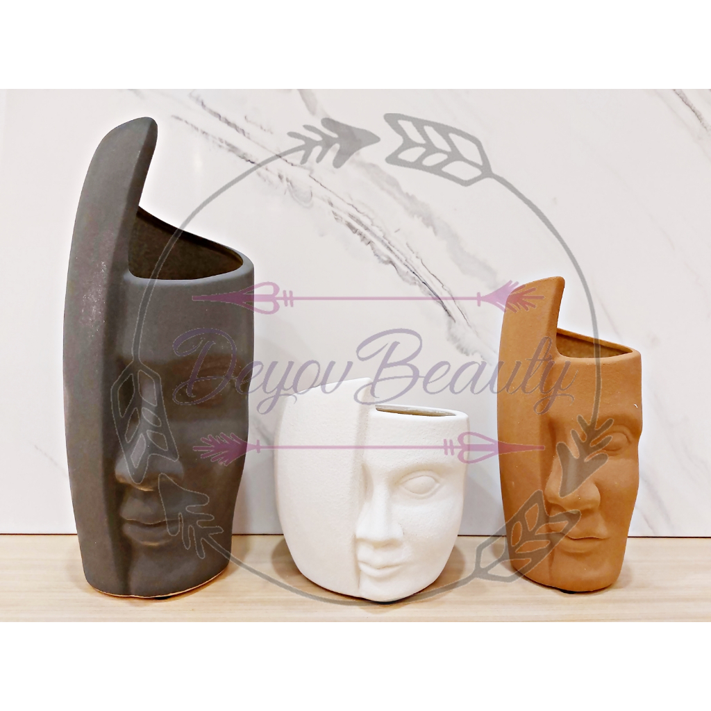Pajangan Wajah Setengah Nordic Pot / Vas Bunga Tanah Liat Keramik Matte Set 3 pcs Half Face Ceramic 