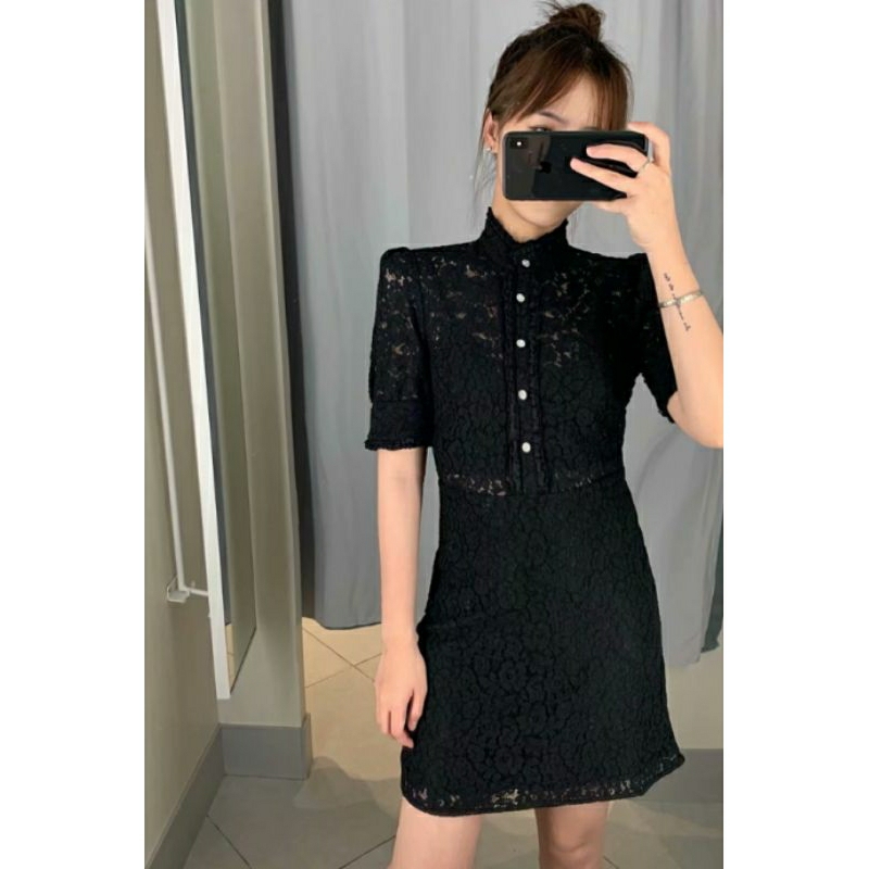 Preloved Zara Black Brokat Lace With Button Rhinestone Mididress, Zara Dress Brokat Preloved, Prelov