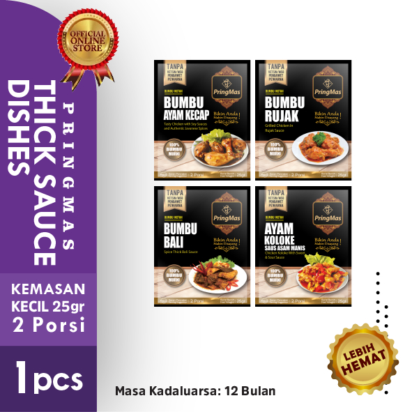 

PringMas Bumbu Racik Instan Kategori Thick Sauce Dishes (2 porsi) / Bumbu Masak Ayam Kecap / Bumbu Rujak Ayam Panggang / Bumbu Bali / Bumbu Ayam Saus Asam Manis Koloke