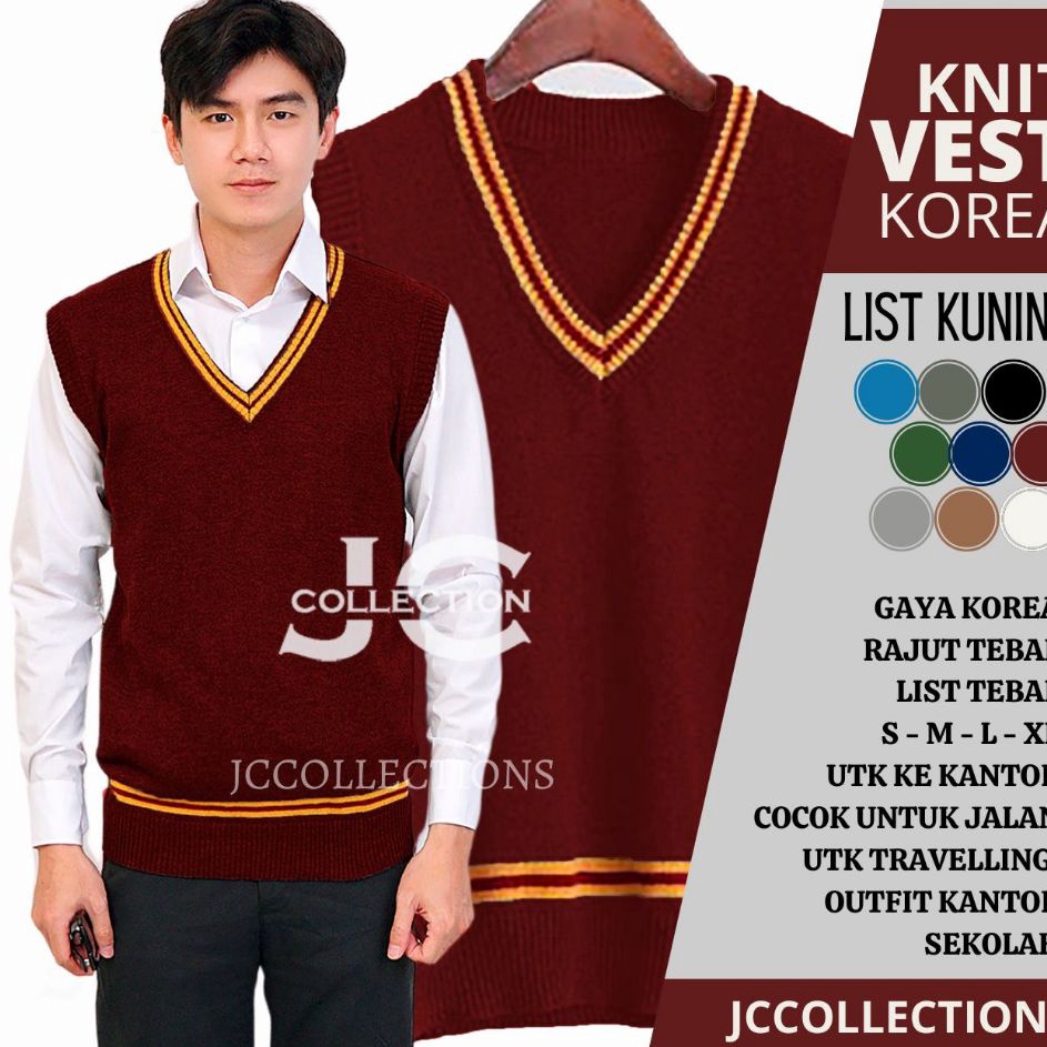 Extra Rompi Rajut Korea List Kuning  Vest Knit Rompi Kantor Kerja Korea Seragam  Rompi Vest Rajut Ov