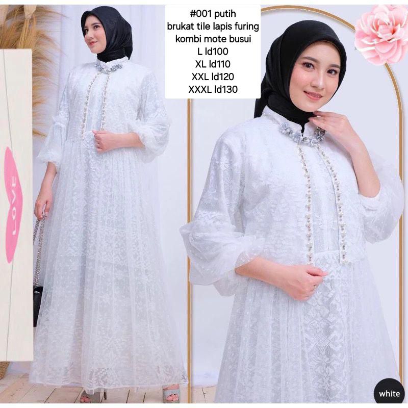 Gamis KD001 Putih Brukat Tile Lapis Furing Kombinasi Mote Busui - Dress, Wanita, Syari, Pesta, Remaj