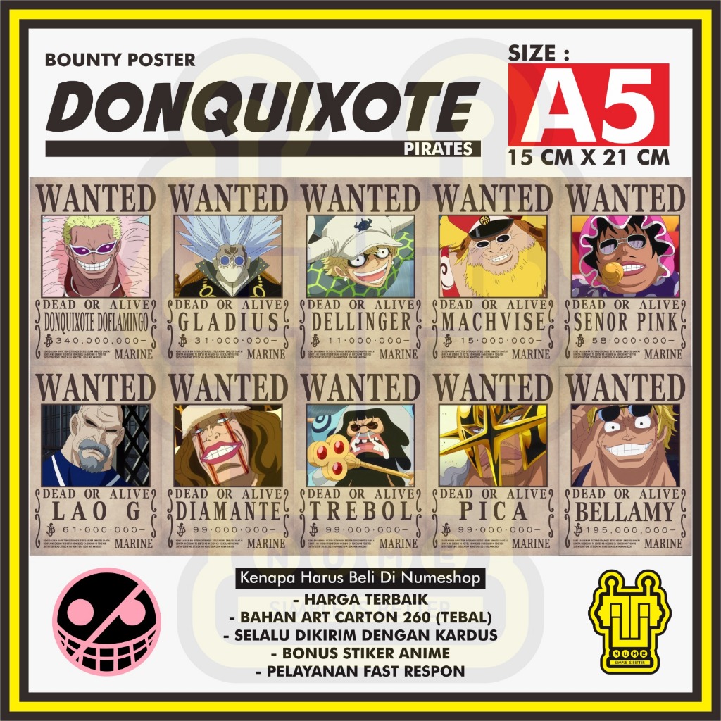 Poster Wanted Bounty Poster Donquixote Pirates Doflamingo 1set size A5
