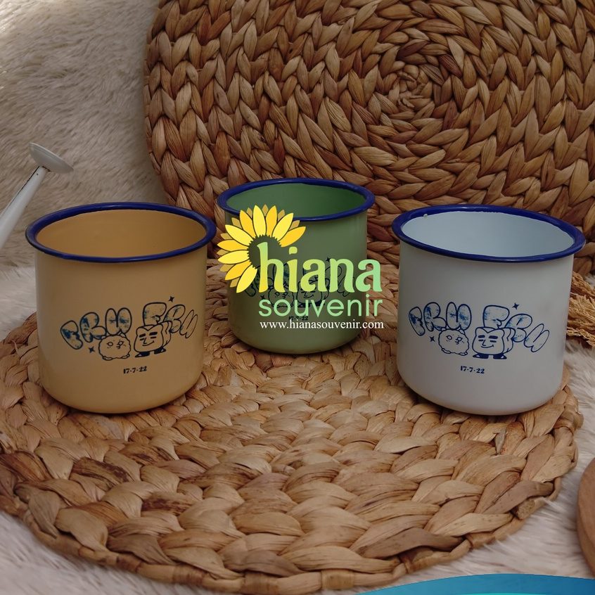 Souvenir Gelas Kaleng Enamel Jadul Cetak Custom Kemasan Besek