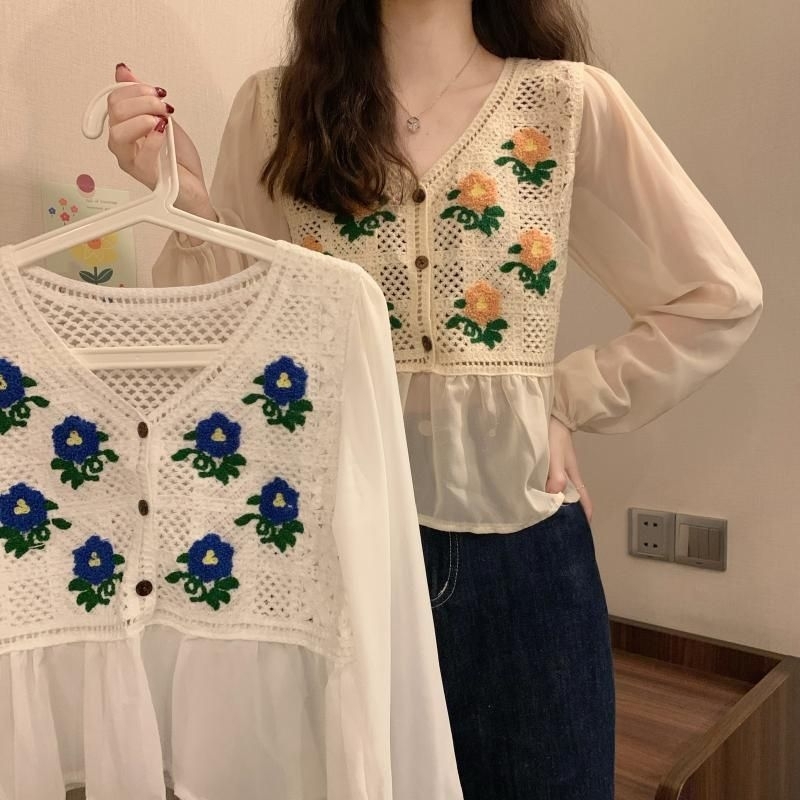 Blouse Rajut Atasan Bunga2 Lengan panjang Sifon Korea Style