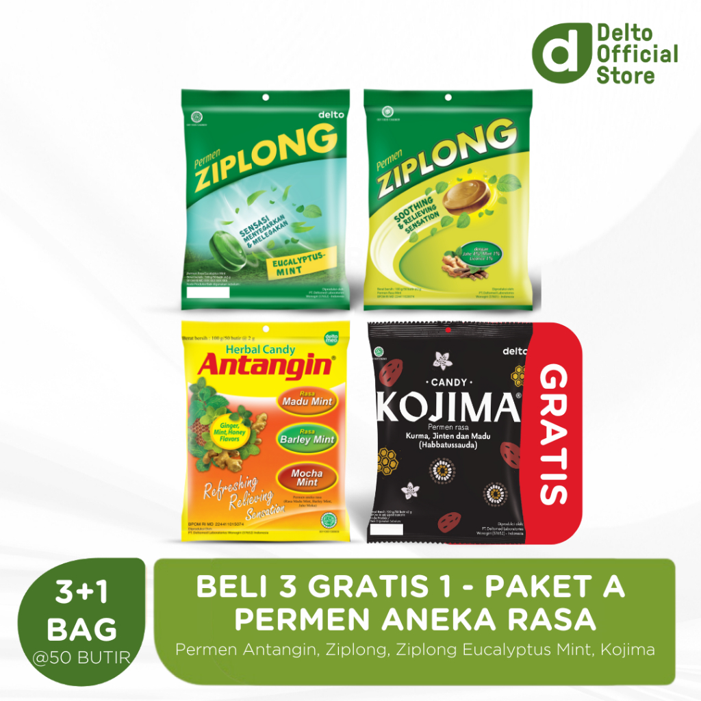 

[BELI 3 GRATIS 1] Paket A - 3X Permen Bag 50 Butir Aneka Rasa (Antangin, Ziplong, Ziplong Eucalyptus Mint) Gratis 1X Permen Kojima Bag 50 Butir