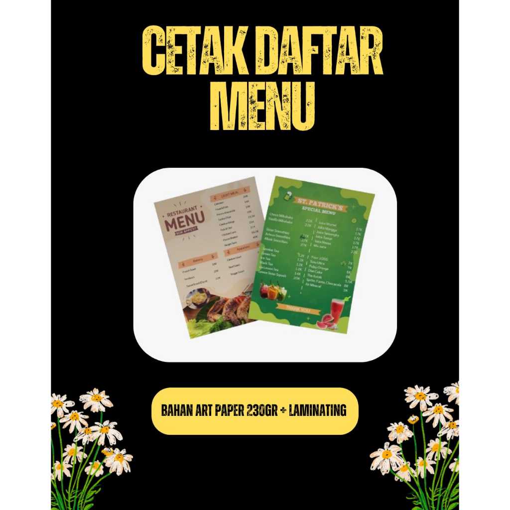 

CETAK DAFTAR MENU BAHAN ARTPAPER 230 GR + LAMINATING