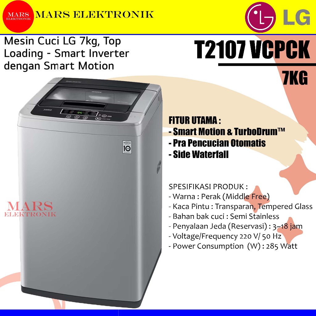 MESIN CUCI LG T-2107 VSPCK -  7 KG -  SMART INVERTER -  T 2107 VSPCK - SMART MOTION - READY
