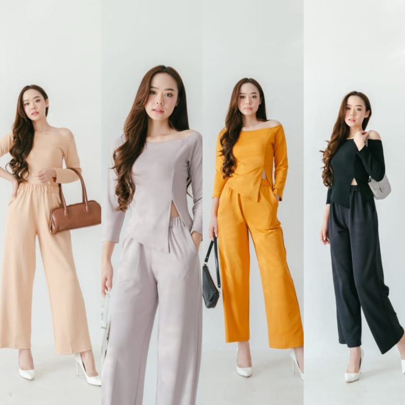 Korean One Set SooJin Sabrina Off Shoulder Long Pants Baju Set Wanita Pundak Miring Model Korea