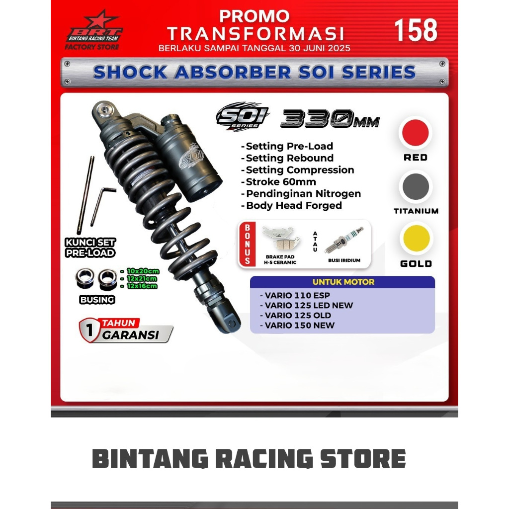 Shockbreaker SOI BRT Sok Belakang 330mm Tabung Atas Honda Vario 110 ESP Vario 125 LED NEW Vario 150 