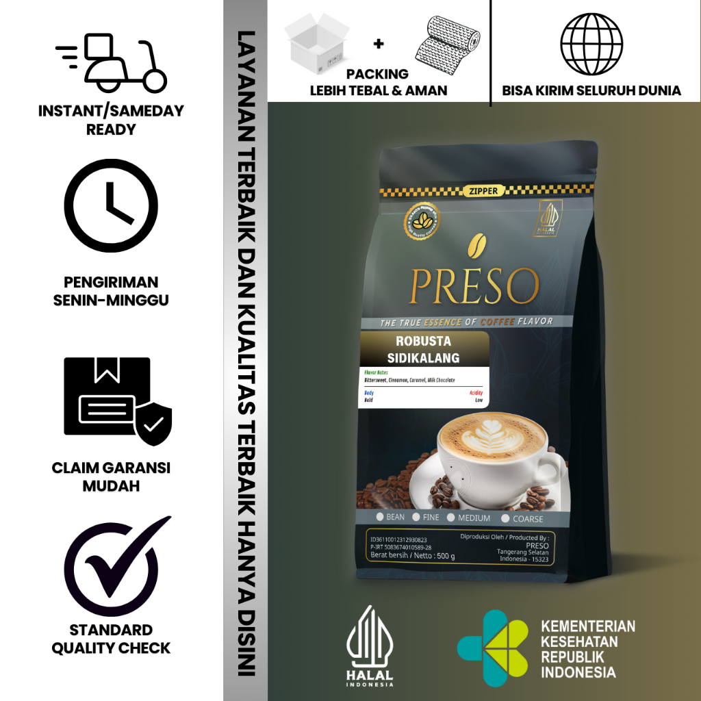 

PRESO Biji Kopi Bubuk Robusta Sidikalang Sumatra Coffee Roast Beans Espresso Bean Coffe 500 gram
