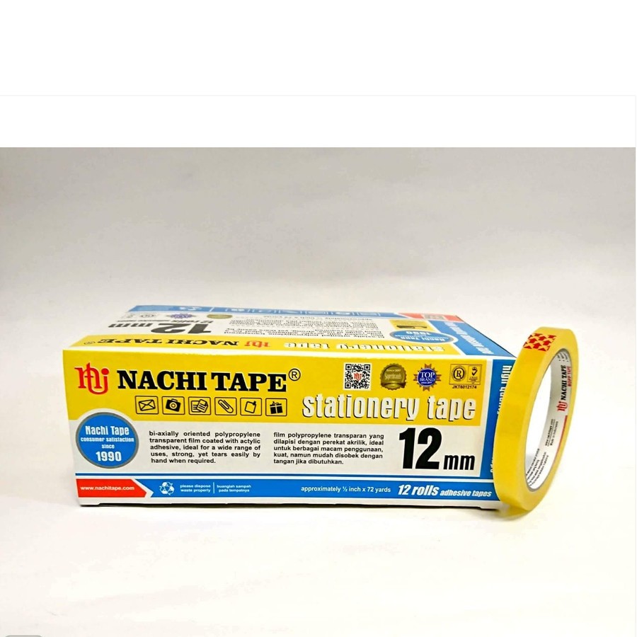

Nachi OPP Lakban Isolasi Kuning Bening 1/2 Inch 12 mm x 72 yard 12 Roll