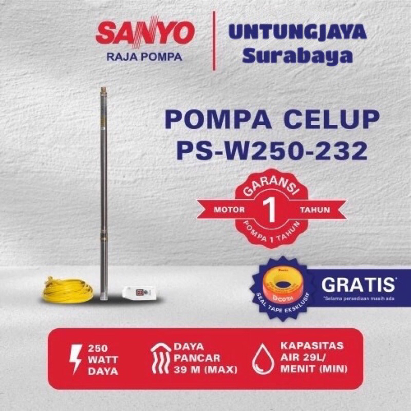 POMPA AIR SANYO SUBMERSIBLE PUMP NON AUTO PS-W250-232 / POMPA SUBMERSIBLE SANYO 2 INCH 1/3HP KABEL 3