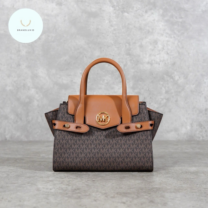 Michael Kors MK Monogram Gold Camel Lace Satchel Bag with Long Strap in Dark Brown