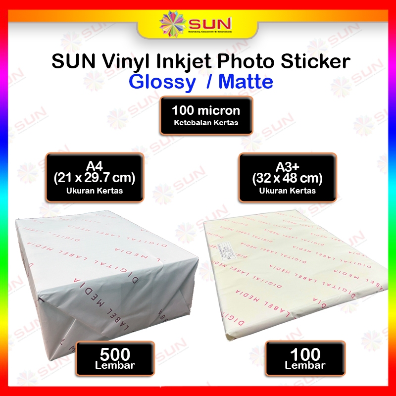 

Kertas Sticker Vinyl - SUN Sticker Vinyl Glossy / Inkjet Matte A4 500 Lembar / A3+ Glossy 100 Lembar