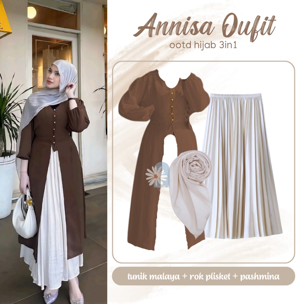 Annisa Outfit Hijab 3in1 Tunik Malaya Hijab Pashmina Ceruty Rok Plisket Ootd Lebaran - BB97
