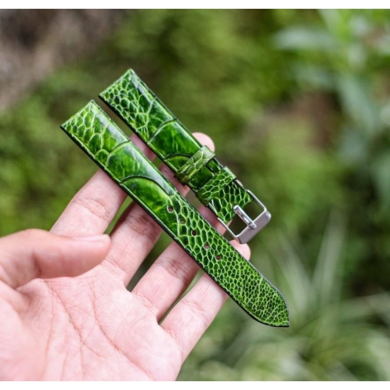 Strap Jam Tangan Kulit Ostrich Leg Hijau Emer Free Buckle