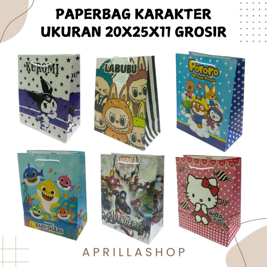 

( 12 Pcs ) Paperbag Labubu Kuromi Hellokitty Babyshark Superhero Ukuran R6 / Tas Ulangtahun Karakter