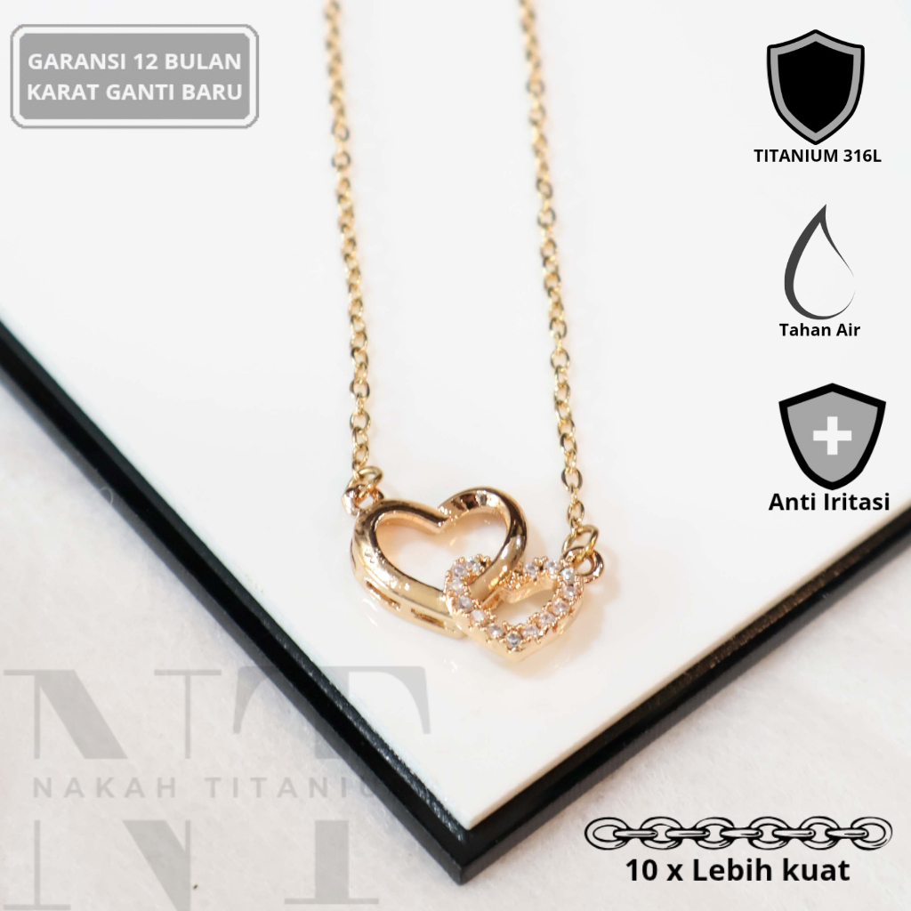 Nakah - Kalung Titanium Wanita Liontin Dua Love Permata Anti Karat