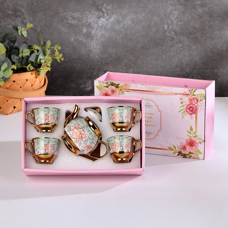 Cangkir Teko Keramik Retro Jadul Vintage Classic Set 4 Cups 1 Pot European Style Hampers Ramadhan