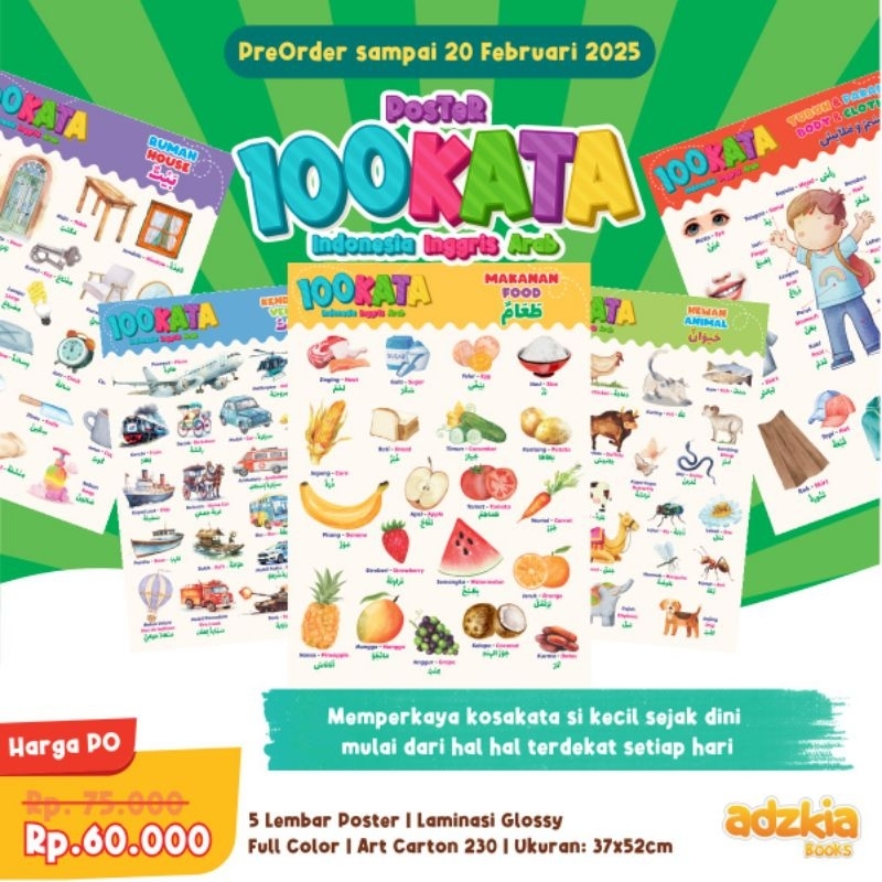 POSTER EDUKASI ANAK,POSTER 100 Kata 3 Bahasa indonesia,inggris,Arab Poster Hewan Hewan