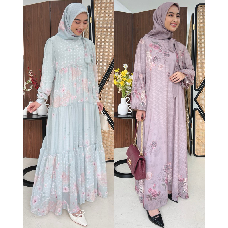 premium dress gamis wanita lebaran one set hijab printing