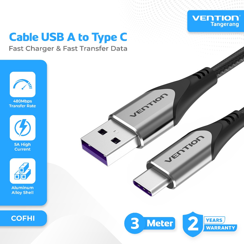 Vention Kabel Data USB 2.0 to Type C Fast Charging 5A Qualcomm Quick Charge Cotton Braided 3 Meter -