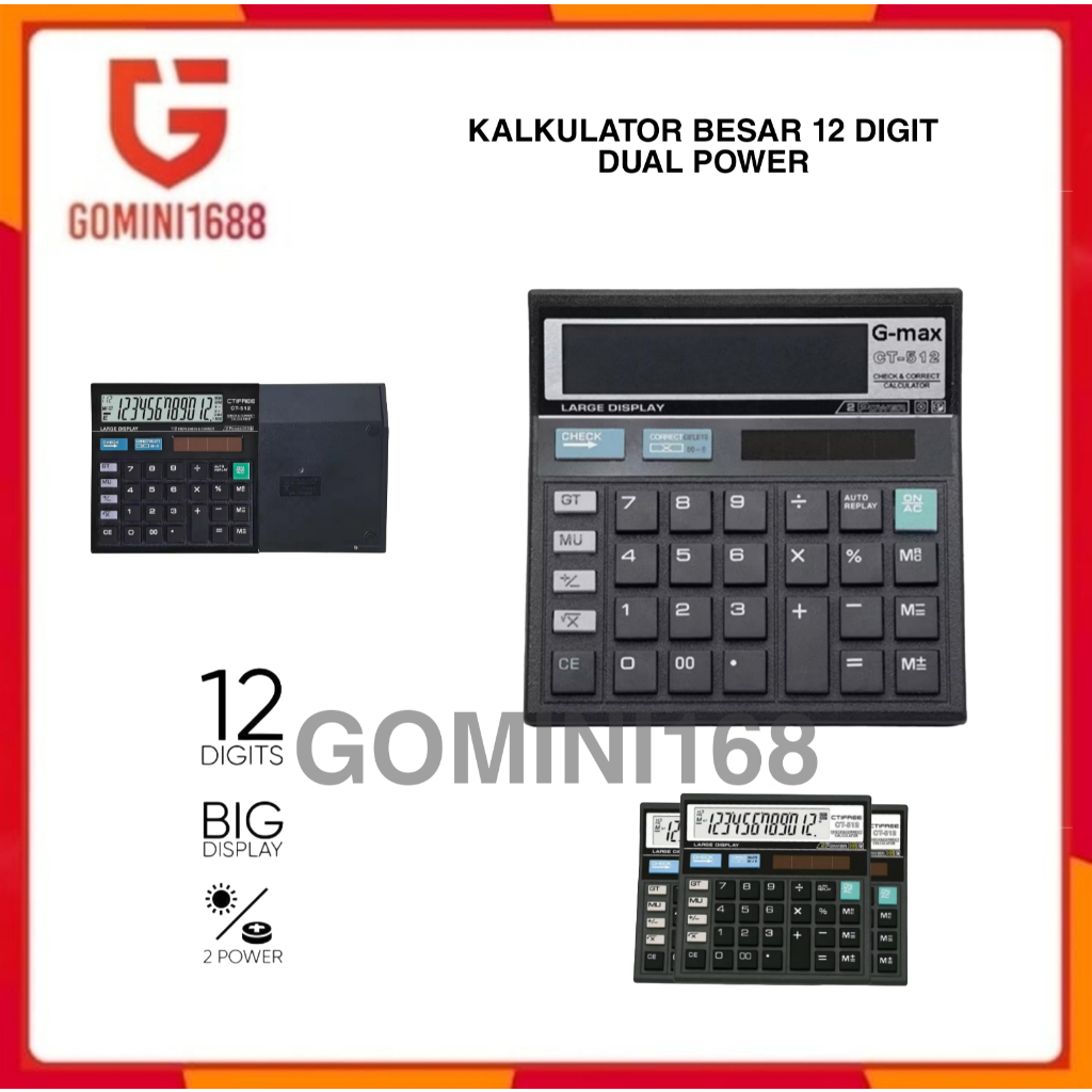 

GM-512 Kalkulator Besar Gmax Alat Hitung 12 Digit Hitam Dual Power Calculator Large Button