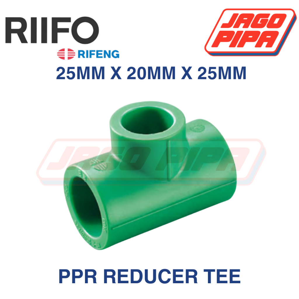RIIFO PPR Reducer Tee 25 x 20 x 25 mm Reduced T / Cabang 3 Fitting Pipa Air Panas 3/4 x 1/2 x 3/4 In