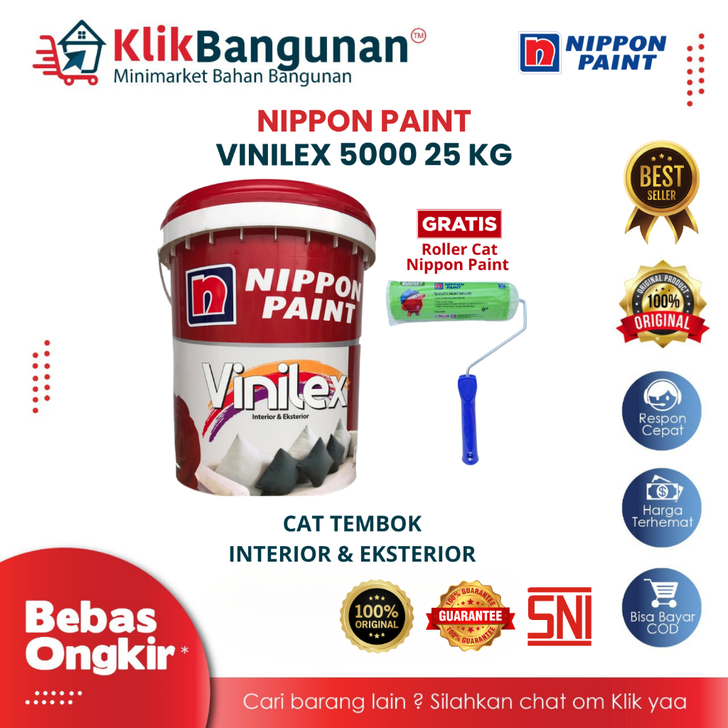 Nippon Paint Vinilex 5000 Putih Cat Tembok 25 Kg - Premium, Daya Rekat Kuat dan Tidak Mengelupas