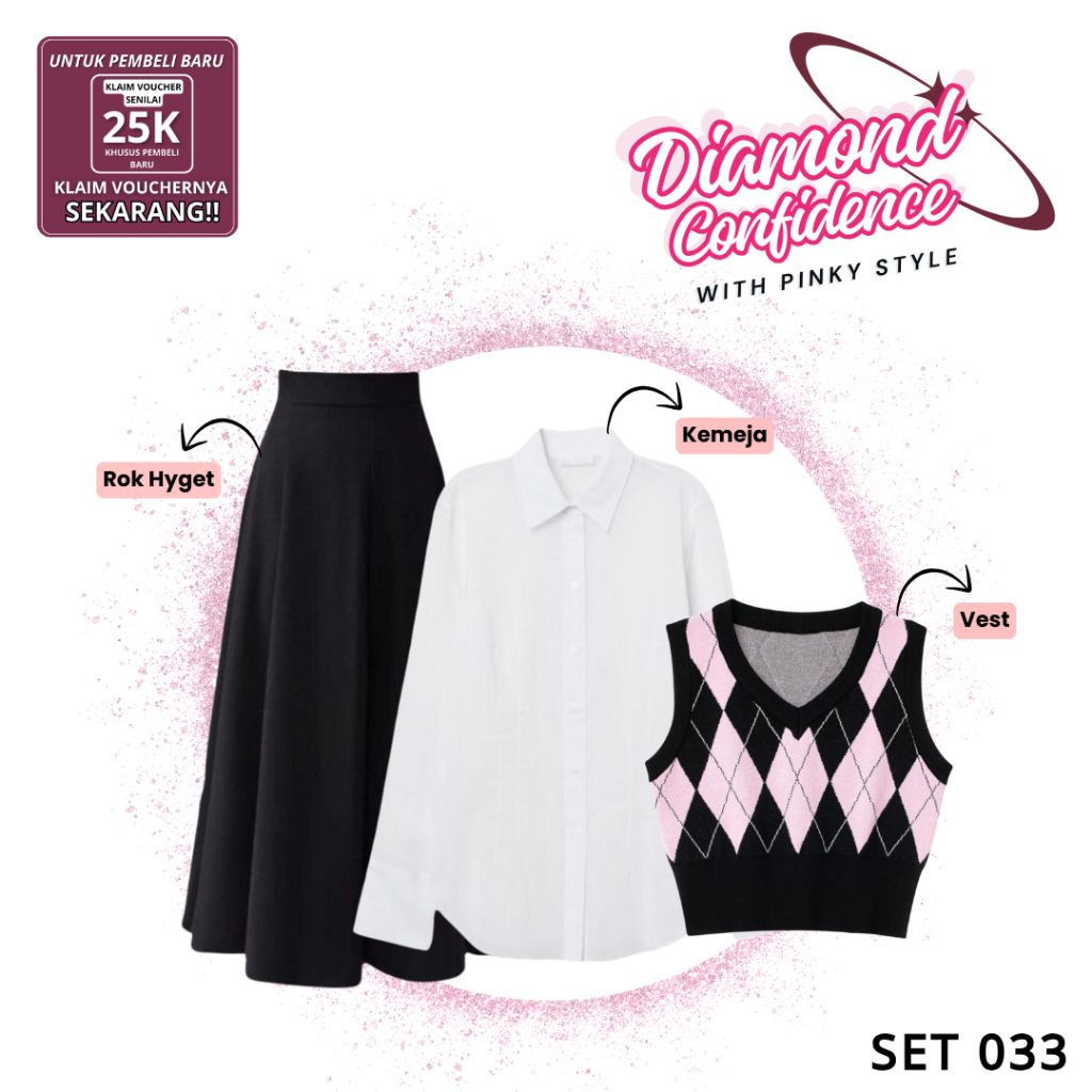 TRENDY & COZY One Set Wanita Korean Style ( Kemeja Putih, Vest Diamond, dan Rok Hyget ) | SET 033