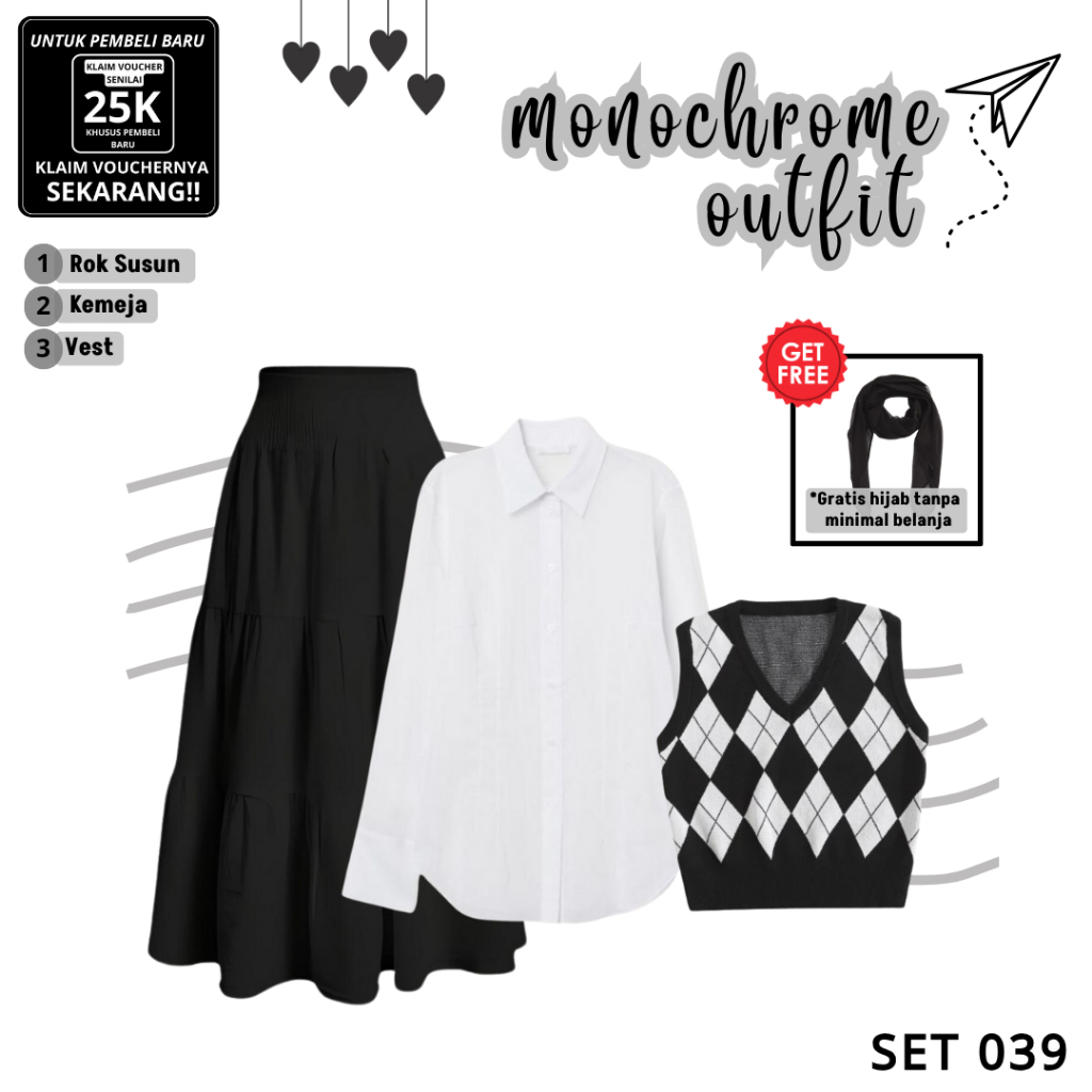 KEKINIAN One Set Wanita Kekinian (Rok Susun Hitam, Kemeja Putih, dan Vest Diamond Hitam) |SET 039