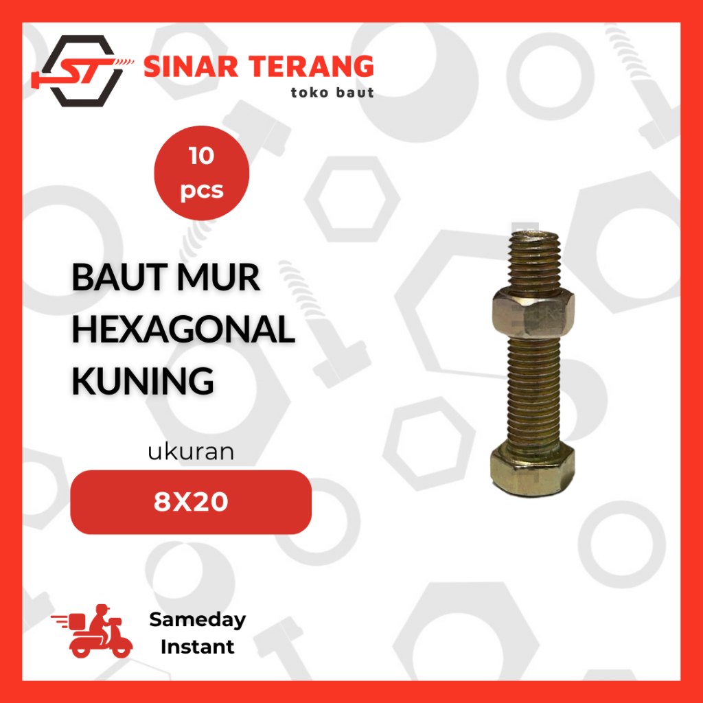 (10pcs) Baut Mur kuning 8x20 - Baut mur kunci 12 8x20 2cm