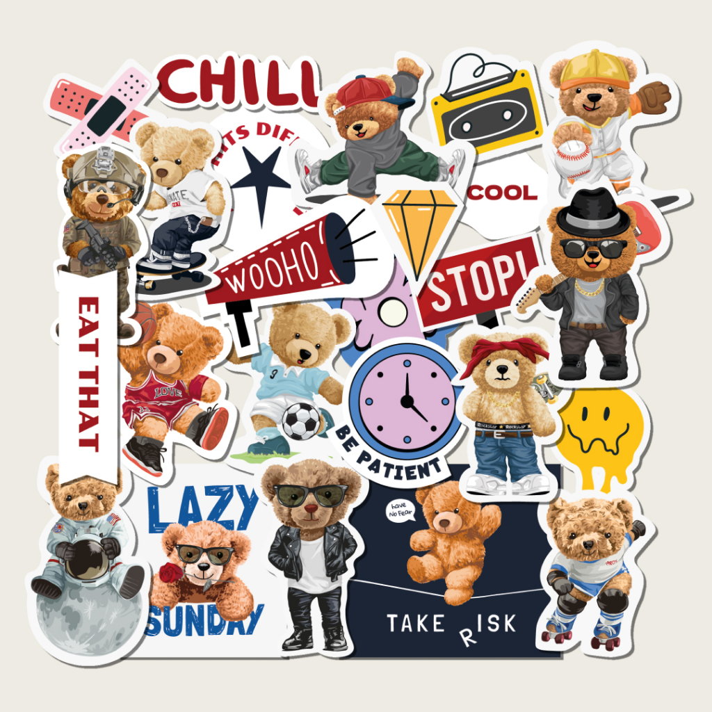 

25 PCS Sticker Teddy Bear Lucu Hypebeast Stiker Beruang Basket Band Skate Aesthetic untuk Case HP Tablet Laptop Buku Jurnal Water Resistant