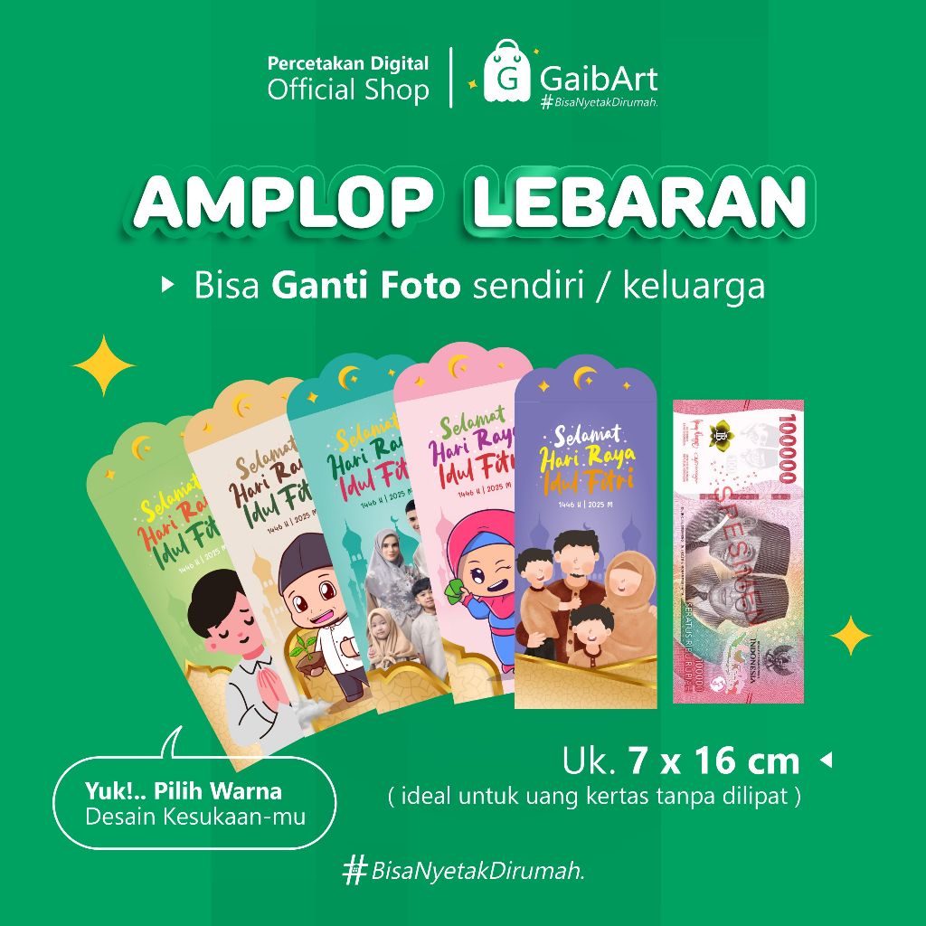 

GaibArt Cetak Amplop Lebaran Angpau Idul Fitri 1446 H 2025 M Ukuran Besar 7 x 16 cm bisa masuk uang tanpa di lipat dan bisa custom pakai foto sendiri atau keluarga