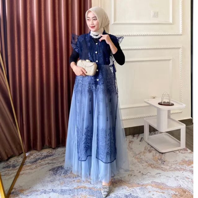 Outer Tunik Brokat Mewah Outer Anggun Tangan Pendek Tunik Kondangan Atasan hari Raya Wanita Dewasa