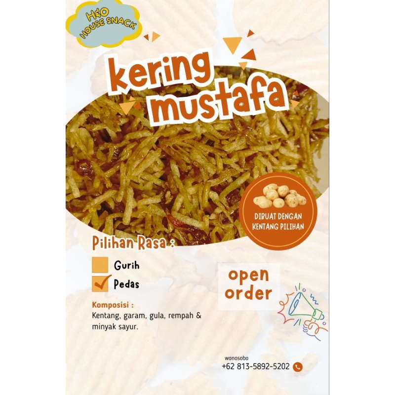 

kering mustofa!! Lebaran makin meriah dengan Kentang Mustafa! produk kami, Nikmati kentang renyah dan gurih sebagai sajian spesial di rumah. Dibuat dari kentang pilihan Daerah Dieng, harga termurah