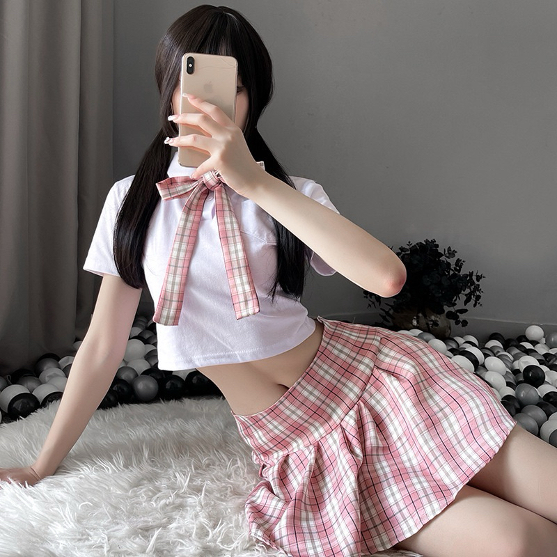 YeJin Set Bra + Plaid Mini Skirt Uniform Lingerie Seragam Kerja Pelayan kantor rumah Cosplay sexy ma