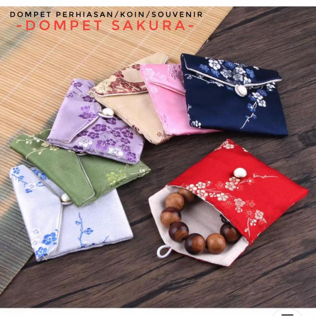 [SAKURA] Dompet Motif Sakura bahan kain sutra tradisional Perhiasan Emas imlek Koin Wanita Souvenir