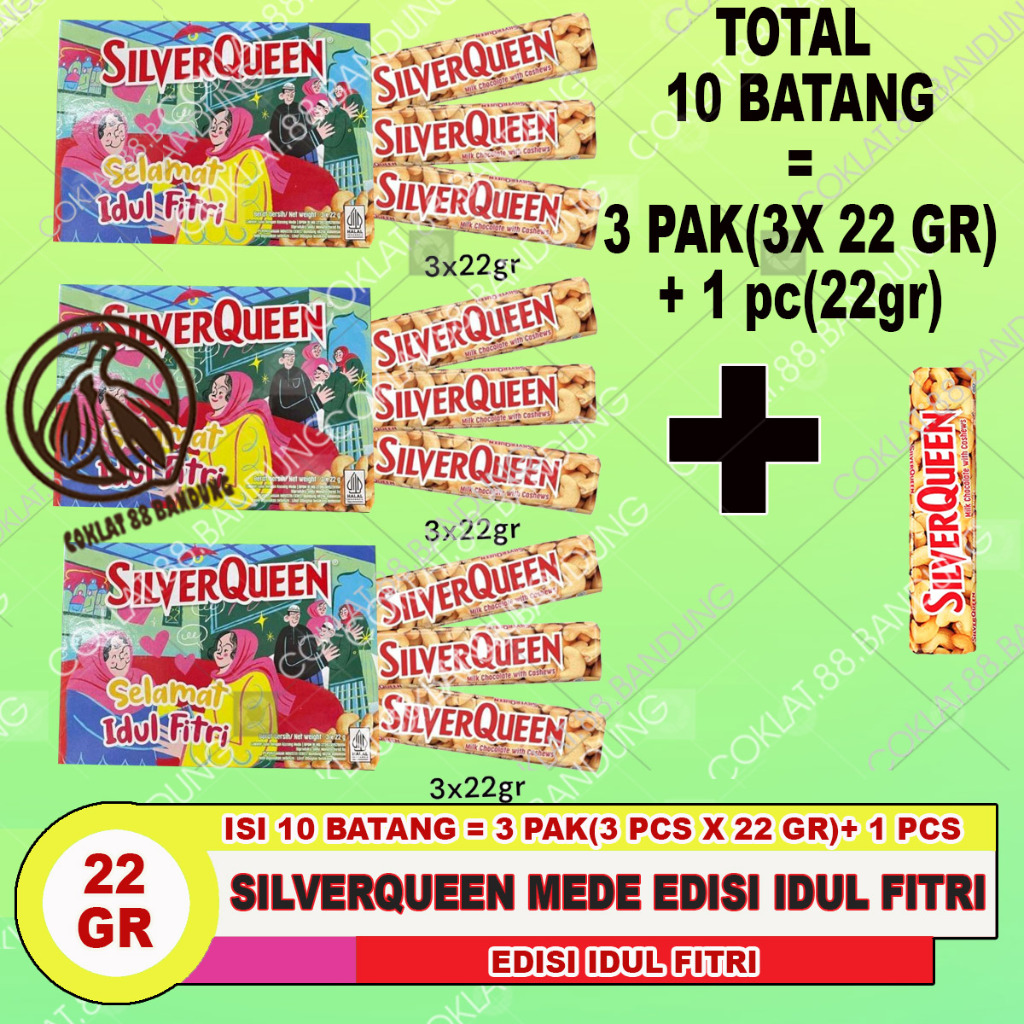 

COKLAT SILVERQUEEN 22GR EDISI LEBARAN 10 pc ( 3 PAK X 3 X 22 gr) + 1, SILVERQUEEN 22 GRAM IDUL FITRI