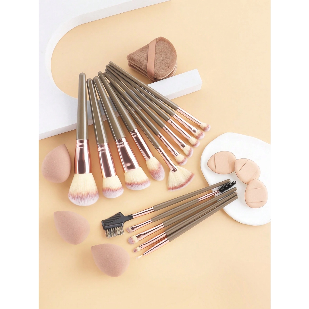 15 pcs Set Kuas Makeup Coklat Ukuran Besar + 9 pcs Set Spons Bedak – Termasuk Kuas Blush On, Kuas Ey