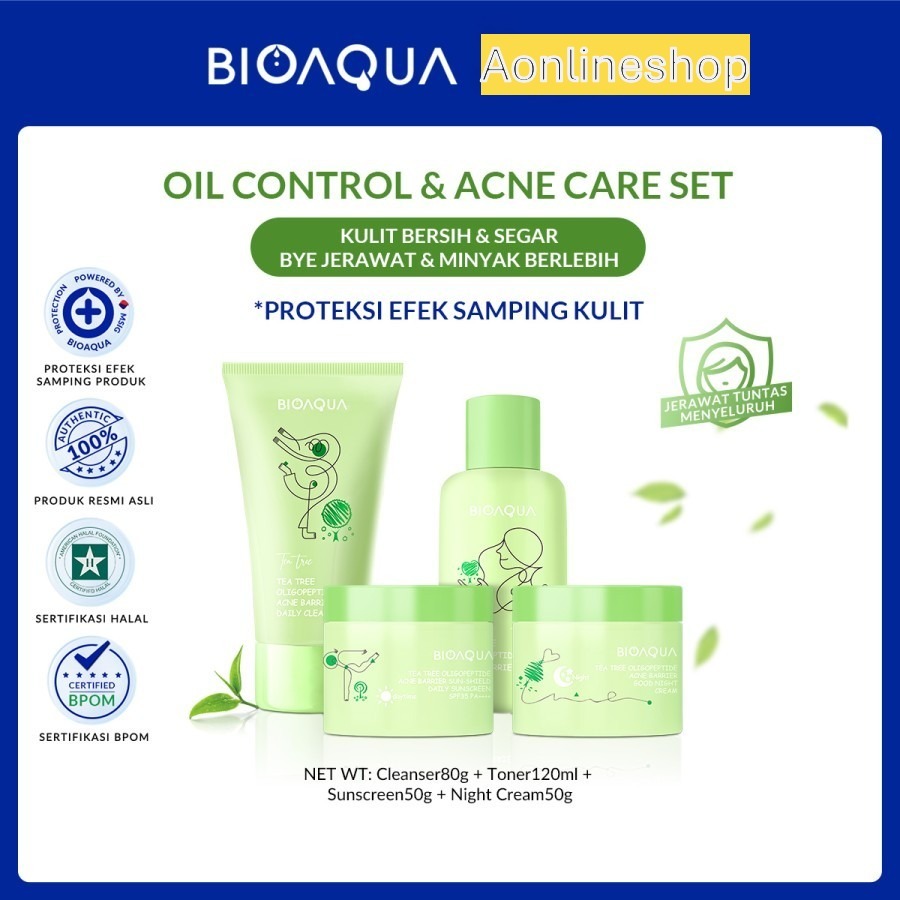 AS BIOAQUA 4pcs Skincare Paket Tea Tree Oligopeptide Acne Set Bio Aqua Skin Care Jerawat