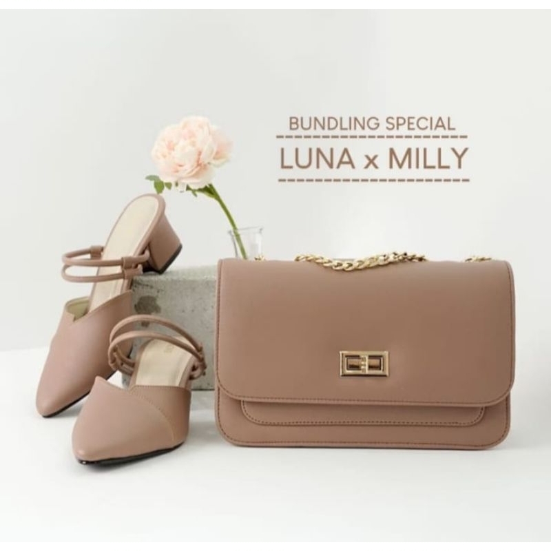 Nacre paket bundling milly bag x luna heels mocca (preloved tas slempang dan heels)
