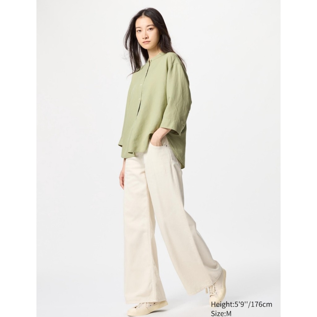 UNIQLO WANITA KEMEJA LINEN BLEND KERAH TEGAK LENGAN 3/4
