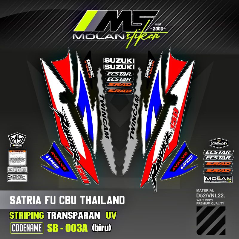 Decal Sticker Striping Variasi Transparan Uv Satria Fu Cbu Thailand 2005/2006 Raider 150 Suzuki Satr