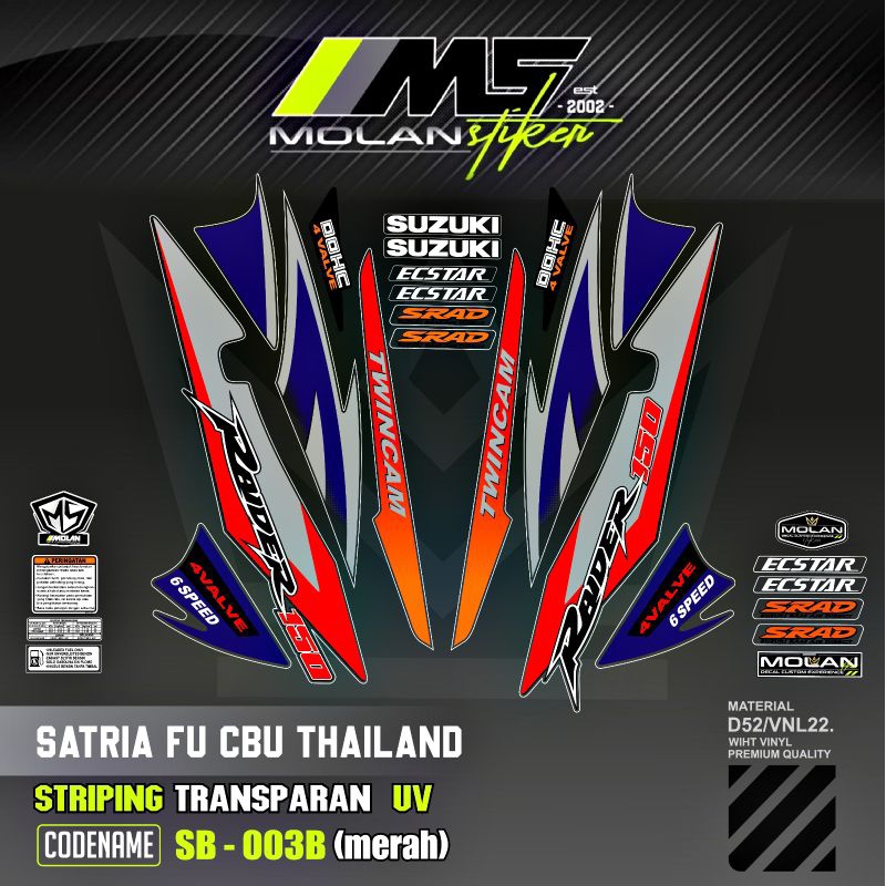 Decal Sticker Striping Variasi Transparan Uv Satria Fu Cbu Thailand 2005/2006 Raider 150 Suzuki Satr