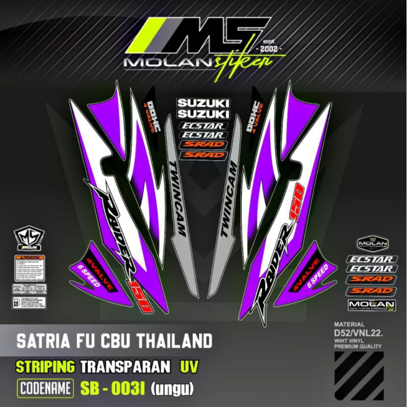 Decal Sticker Striping Variasi Transparan Uv Satria Fu Cbu Thailand 2005/2006 Raider 150 Suzuki Satr